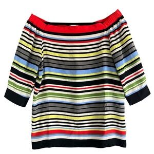 PER SE BY CARLISLE Per Spectrum Striped 100% Silk Off Shoulder Blouse Size 8 NWT